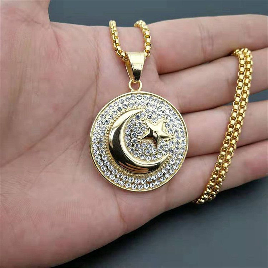 Muslim Crescent Moon and Star Rhinestone Pendant Stainless Steel Round Necklace Hip Hop Iced Out Women Men Islamic Jewelry