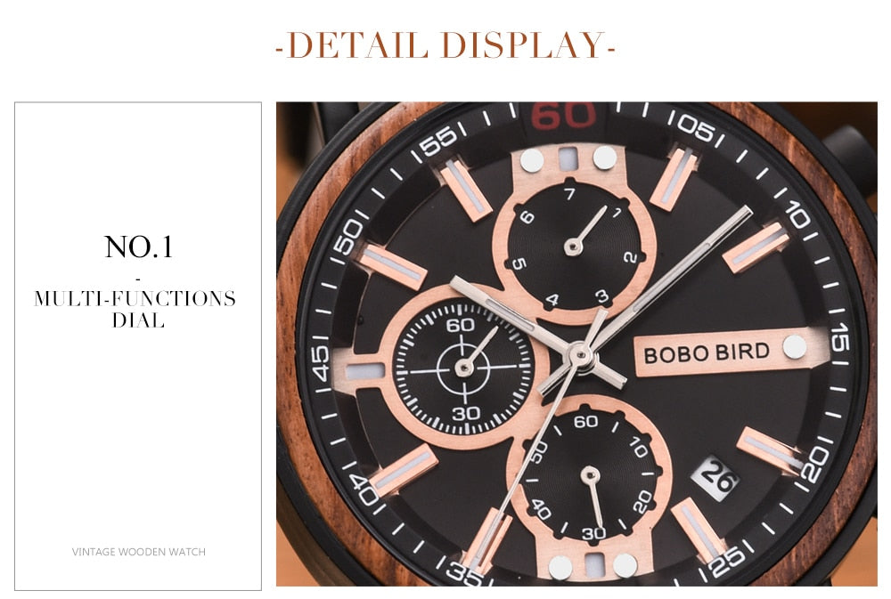 BOBO BIRD Wooden Watch Men Top Brand Luxury Stylish Chronograph Military Watches