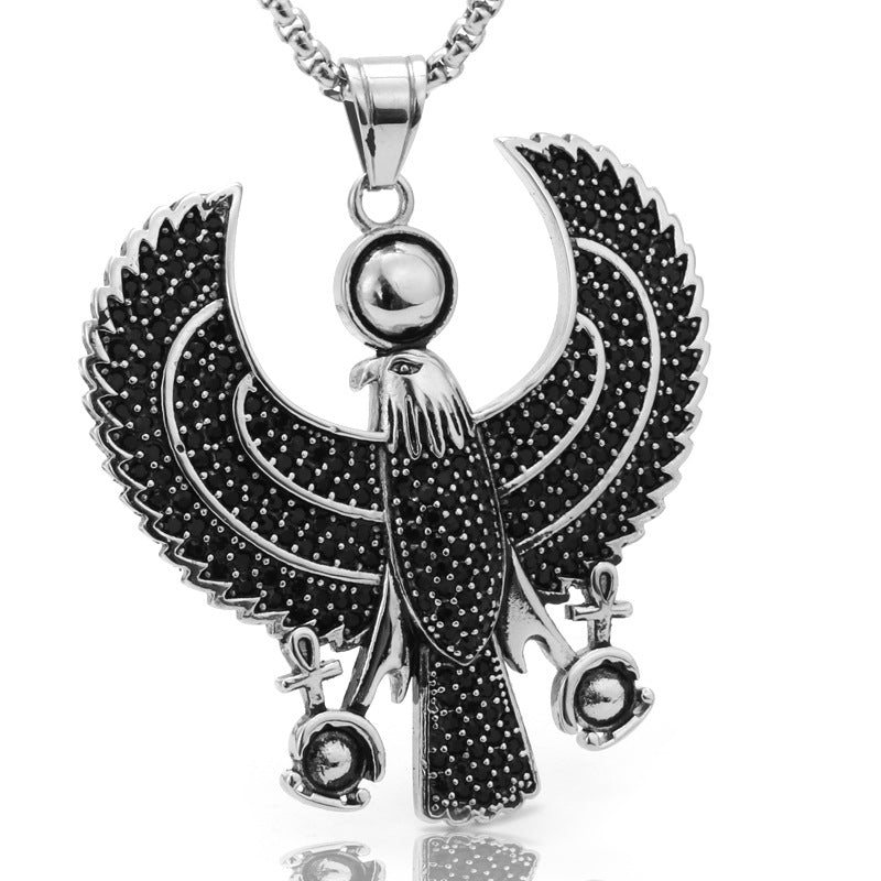 Men Necklaces Egyptian Horus Bird Falcon Holding Ankh Pendant Medallion Black Steel Fashion Hiphop Jewelry  Kemet