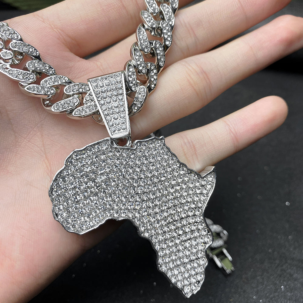 Fashion Crystal Africa Map Pendant Necklace For Women Men's Hip Hop Accessories Jewelry Necklace Choker Cuban Link Chain Gift