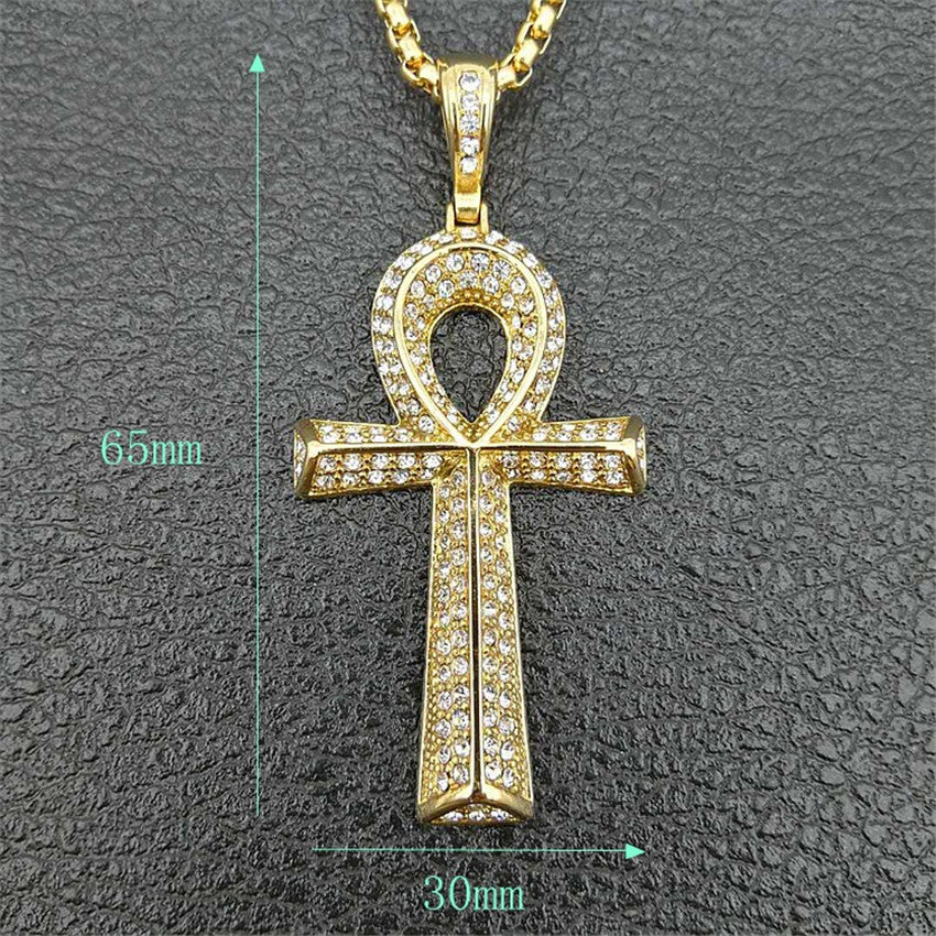 Egyptian Ankh Cross Pendant With Stainless Steel Chain And Iced Out Bling Rhinestones Necklace Hip Hop Egypt Jewelry Men