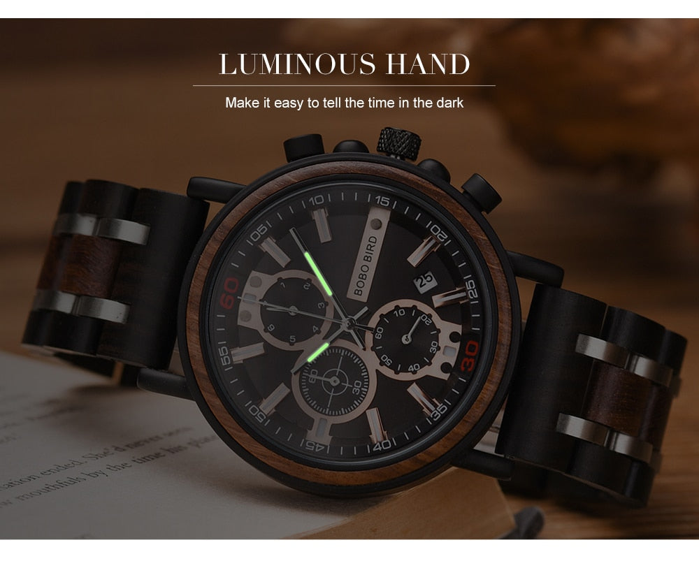 BOBO BIRD Wooden Watch Men Top Brand Luxury Stylish Chronograph Military Watches