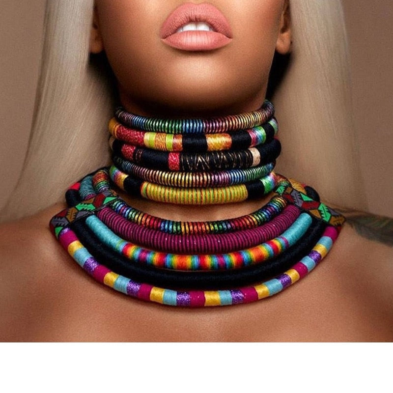 Rope Collar Necklace Earrings Set Jewelry Colorful Choker Chain Necklace Drop Earring African Accessories for Women Gifts