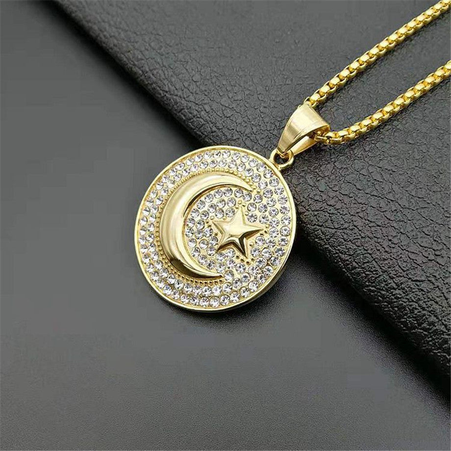 Muslim Crescent Moon and Star Rhinestone Pendant Stainless Steel Round Necklace Hip Hop Iced Out Women Men Islamic Jewelry