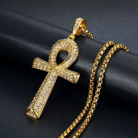 Egyptian Ankh Cross Pendant With Stainless Steel Chain And Iced Out Bling Rhinestones Necklace Hip Hop Egypt Jewelry Men