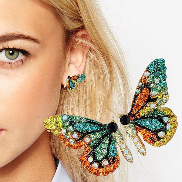Multi colored rhinestone butterfly stud earrings