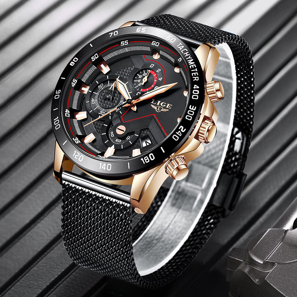 Casual Mesh Belt Fashion Quartz Rose Gold Watch Mens Watches Top Brand Luxury Waterproof Clock Steel