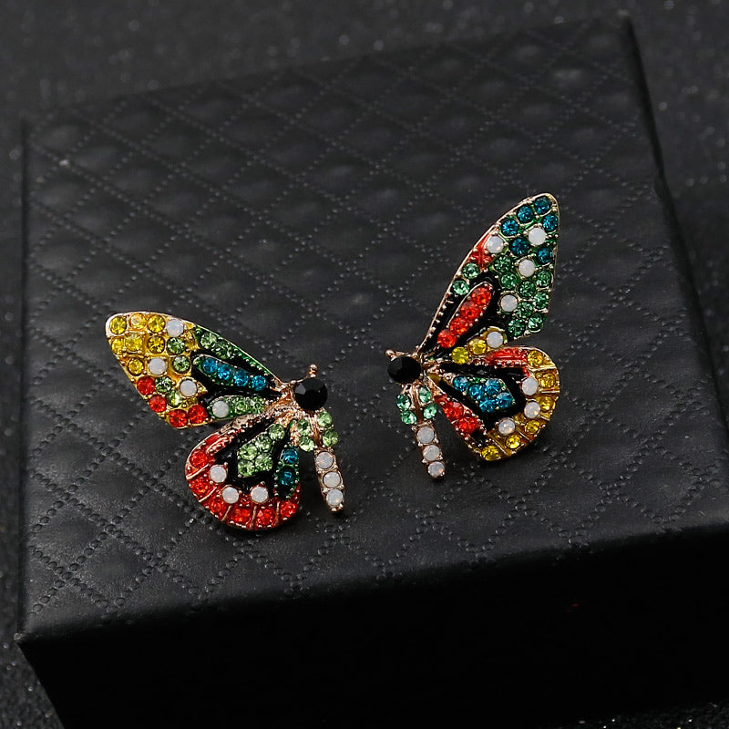 Multi colored rhinestone butterfly stud earrings