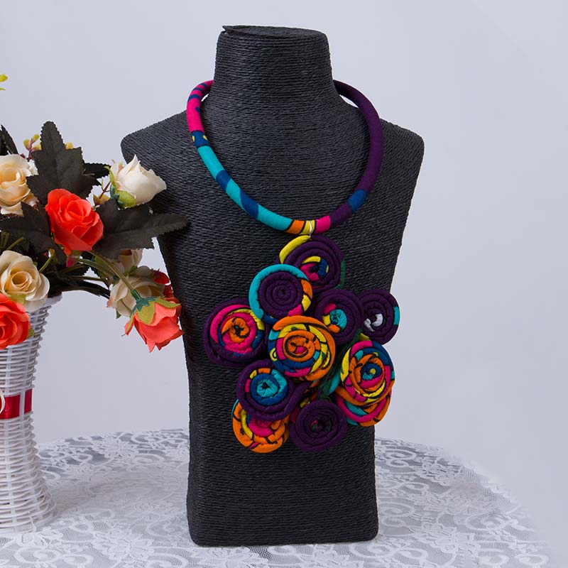 African Print Necklace Ethnic Handmade Jewelry Fabric Flower Rope Jewelry For Women