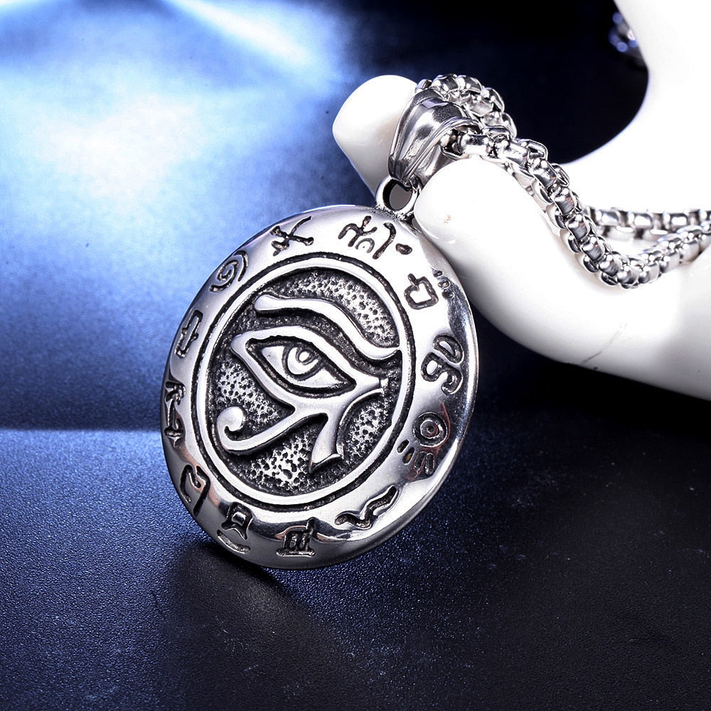 Vintage Men's Egyptian Eye of Horus Heru Ra Pendant Necklace Stainless Steel Amulet Ancient Egypt Kemet Jewelry Gift