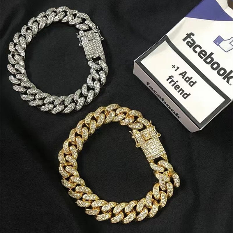 Retro Hip Hop Bracelet Rhinestones Thick Cuban Chain Men Women Fashion