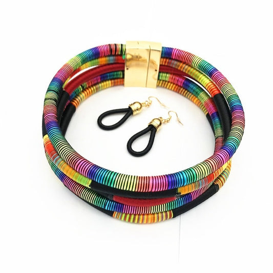 Rope Collar Necklace Earrings Set Jewelry Colorful Choker Chain Necklace Drop Earring African Accessories for Women Gifts